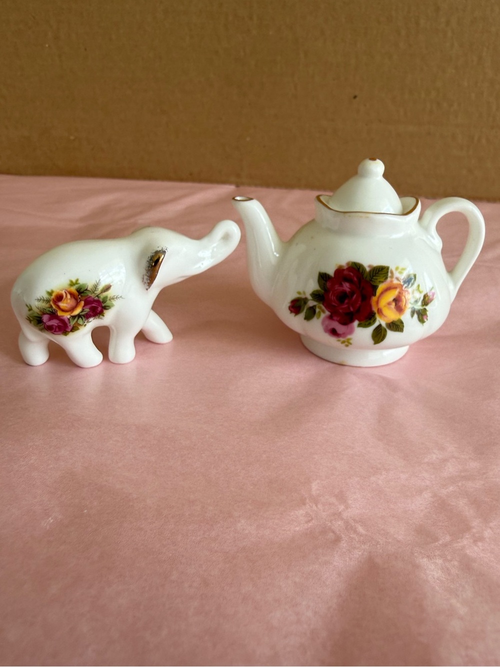 Vintage Miniature Cottage Rose Fine Bone China Teapot and Miniature Elephant